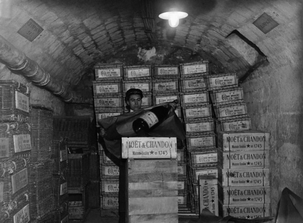 boxes of champagne in cave
