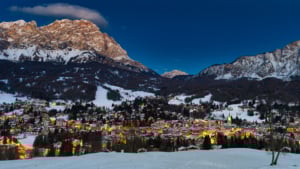 Cortina d’Ampezzo town illuminated at blue hour, nestled in the Dolomites, northern Italy.
