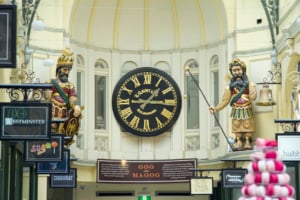 The Gog and Magog statues beside Gaunt’s Clock inside the historic Royal Arcade in Melbourne.