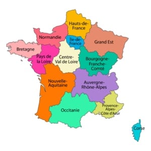 Map of the 13 regions of France and overseas territories