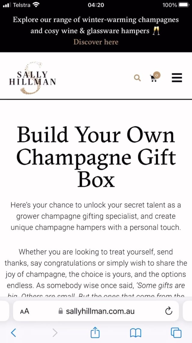 The most precious gift you can give someone is the gift of your time and attention 💕
 
At Sally Hillman, we understand the importance of this gesture, which is why we created a meaningful way to add a personal touch to your gift-giving through our Build Your Own Champagne Gift Box feature online.
 
With our unique gifting tool, you can hand-pick the perfect gift and have it expertly packed and safely delivered to your loved ones, clients and colleagues throughout Australia. It’s a truly special way to let someone know you’re thinking of them.
 
SallyHillman.com.au/build-your-own-gift/
 
🛍️ Build a bespoke champagne gift box or browse heart-warming champagne hampers at SallyHillman.com.au. 
🔗 Link in bio.
 
#SallyHillman #CelebratingChampagne
#champagne #growerchampagne #recoltantmanipulant #celebration #champagnetour #champagneclub #growerchampagneclub
#champagnesubscription #champagneaustralia #champagnegifts #luxurygifts #champagneglass #luxuryglasses #gifting #giftingideas #gifts #corporategifting #corporategifts #hampers #gifthampers #giftsforher #giftsforhim #giftideas #giftbox #gift #personalisedgifts #giftwrapping #giftguide @lehmannglassreims